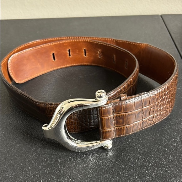 Brian Toohey Brown Leather Silver Hardware Croc Embossed Belt Medium​​ main image 4